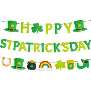 Pre-Strung Happy St Patricks Day Banner No DIY St Patricks Day Decorations with Gold Glitter Details 3 Pcs Saint Patricks Decor Clover Irish Party Supplies