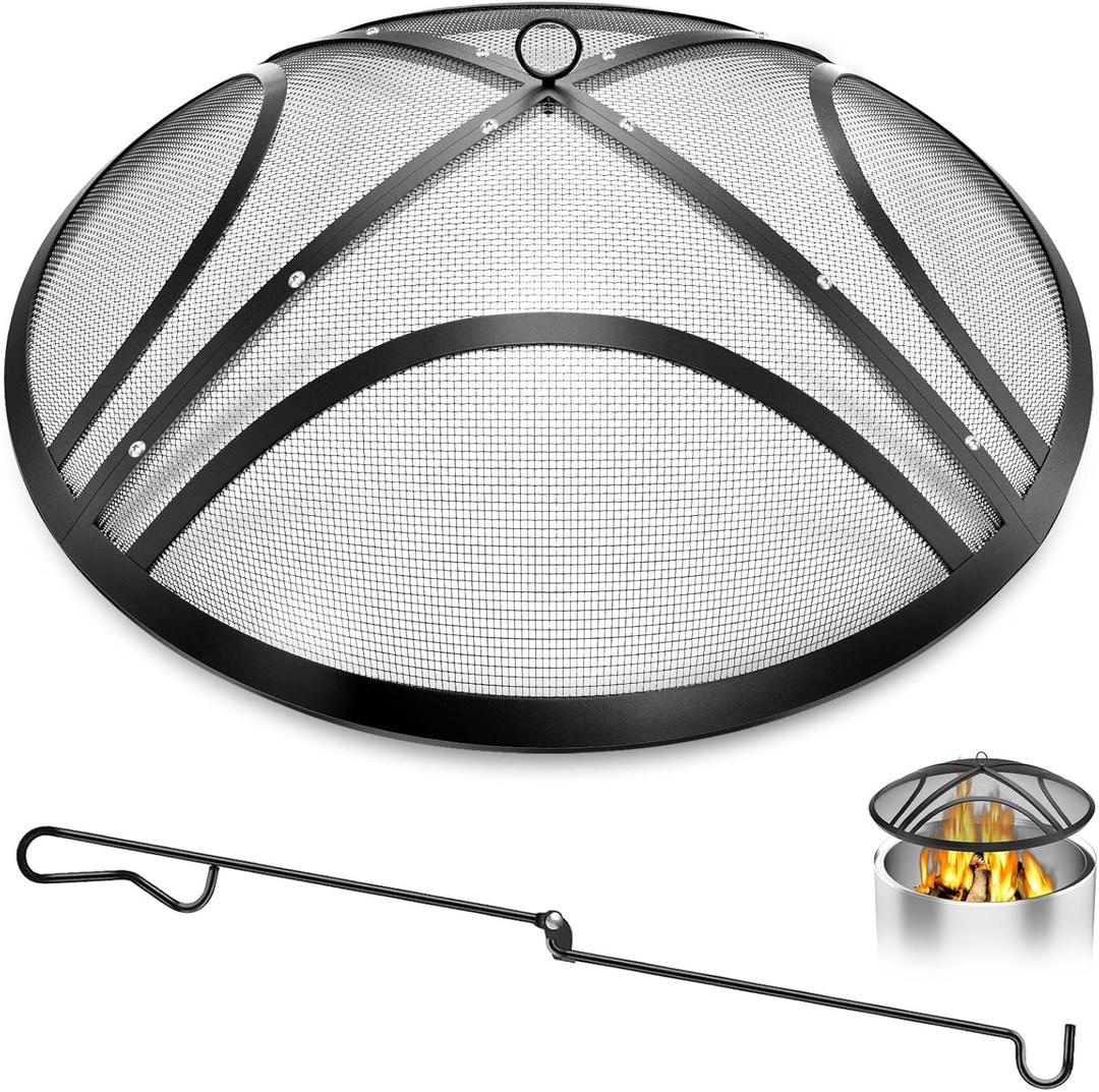 Fire Pit Spark Screen, Upgraded Outdoor Fire Pit Screen with Handle & Poker, Heavy-Duty Steel Fire Pit Cover Round Mesh Replacement Firepit Screen for Backyard/Beach/RV Camping (Black&Flower, 36 Inch)