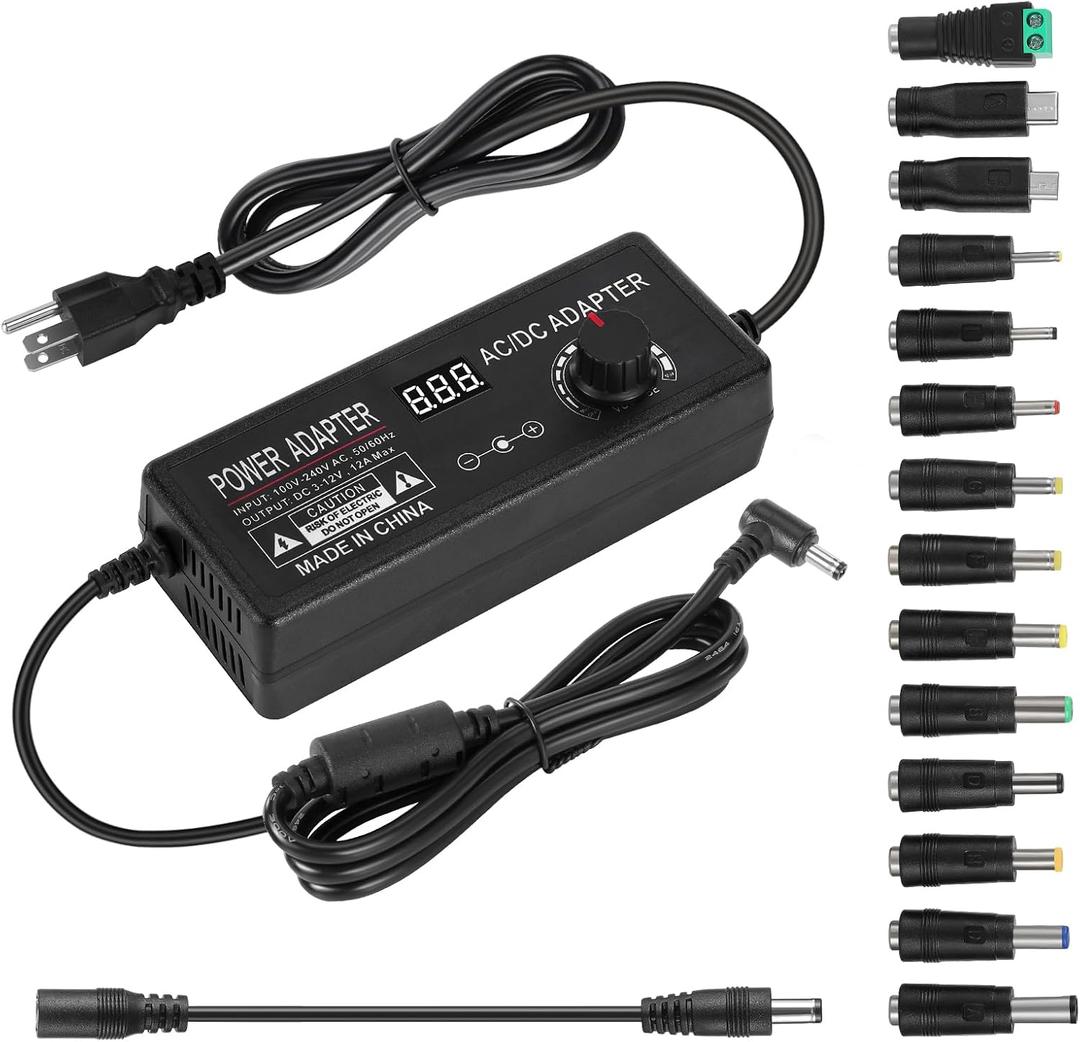 Universal Power Supply Adjustable 3V~12V 12A 144W Variable Switching Power Adapter,3V 4V 5V 6V 7V 8V 9V 10V 11V 12V, Variable DC Power Supply with 14 Tips&Polarity Converter for LED Strip Light Router