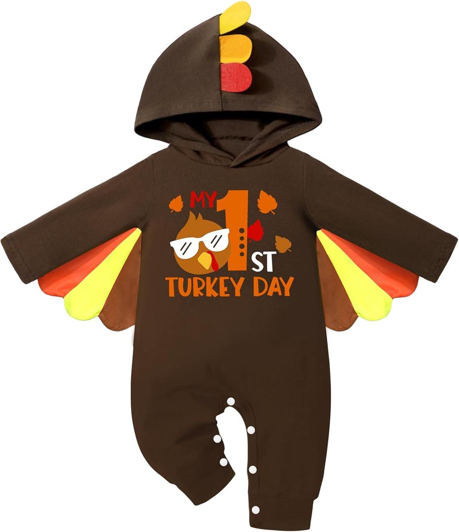 NAPU My First Thanksgiving Baby Boy Outfit Cute Turkey Romper Long Sleeve One Piece Jumpsuit Hat 2Pc Baby Thanksgiving Outfit (6-9 Months)