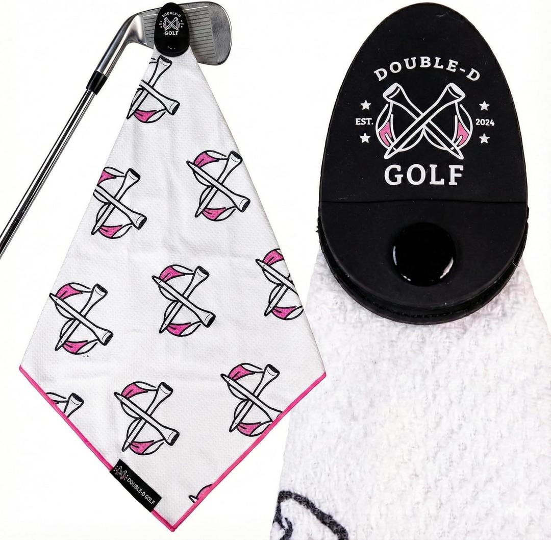 Double-D Golf Magnetic Golf Towel Supporting Breast Cancer Research | 10% Profit Donation | 29 Waffle Microfiber | Removable High-Strength Magnet | Ultra Absorbent | Durable for Clubs & Balls (White/Pink)