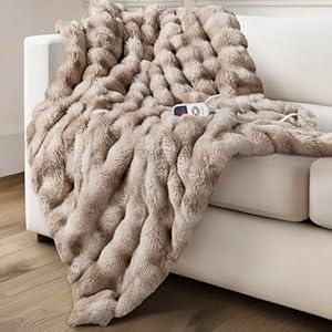Electric Heated Blanket for Girls & Women, Soft & Luxurious, Faux Rabbit Fur Heating Throw Blankets, 6 Heat Settings, Overheat Protection, Quick Heating, Memory Function, Gift-Ready Design, 50"x60" (Cream White)