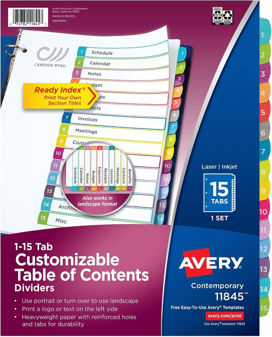 Avery Dividers for 3 Ring Binders, 15 Tabs per Set, Customizable Table of Contents, Multicolor Arched Tabs, Great for Organizing Reports, Projects, and More (11845)