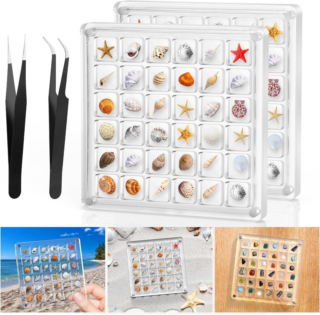 XANGNIER Acrylic Magnetic Seashell Display Box,Clear Sea Shell Display Box,Beach Magnet Storage Organizer Case for Seashell Diamond Beads,72 Grids,Transparent,2 Pack