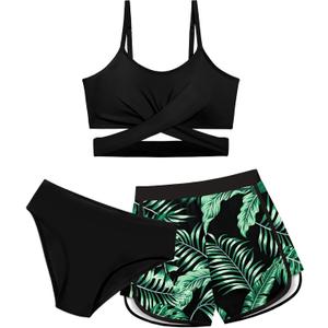 Girls Swimsuit 3 Piece Bathing Suit Criss Cross Bikini Set Girls' Swimwear with Shorts 7-16T (13-14 Years, Black)