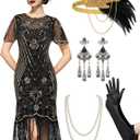 SWEETV Great Gatsby Lace Neck Flapper Dress - 1920s Dress for Women With Sleeve - Roaring 20s Costume (Small, Black-gold)