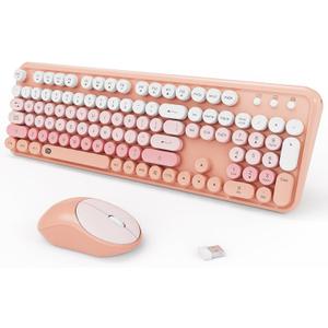 Wireless Keyboards Mouse Combos, Colorful Cute Typewriter Full-Size Retro Round Keycaps, 2.4GHz Cordless Sleep Mode Office Quiet Wireless Keyboard and Mouse Set for Desktop Laptop PC Computer, 105 Keys Pink Colorful
