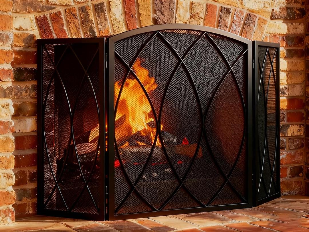 FEED GARDEN 3-Panel Fireplace Screen 48"W x 29.5"H Wrought Iron Spark Guard