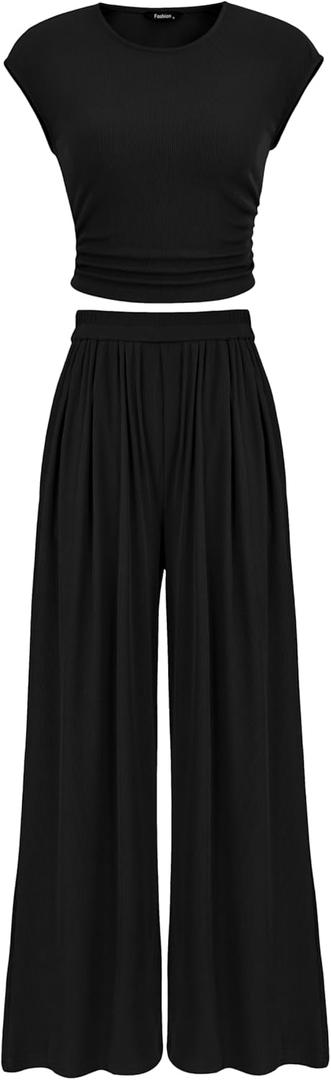 PRETTYGARDEN Women's Summer 2 Piece Outfits 2025 Cap Sleeve Ruched Slim T Shirt Ribbed Knit Wide Leg Pant Sets Tracksuit (Medium, Black)