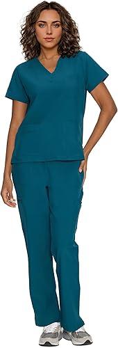 Scrubs for Women, V-Neck Scrubs Top & Cargo Pants with 12 Pockets, Yoga Waistband, 4 Way Stretch (Large, Caribbean Blue)