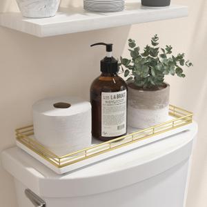 Bathroom Toilet Tank Tray, 13" Wood Toilet Paper Storage Basket Tray Back of Toilet Basket Organizer, Vanity Tray for Perfume Makeup Candle Decor, Gold & White (13" x 6.5" x 1.5")