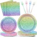 Rainbow Birthday Party Plates, Napkins, Forks Rainbow Glitter Tableware Set Happy Birthday Dinnerware, Colorful Unicorn Glitter Supply for Kids, Girls Women Princess Wedding Parties Decorations, Serve 24
