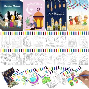 Ramadan Watercolor Coloring Books Bulk with Greeting Card Mosque Moon Scene, Ramadan Activities for kids Eid Mubarak Craft Kits Islamic Gifts for Classroom Home Party Favors Supplies (128PCS)