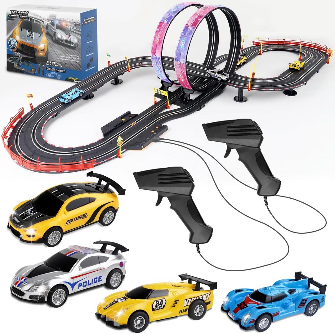 Slot Car Race Track Set, 19ft Electric Track with LED Lights and 4 Slot Cars, 2 Hand Controllers and Racing Game Lap Counters, Set Features Loop, Turns, and Crossover for Boys Age 6-12