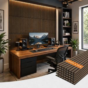 Upick Acoustic Wood Slat Wall Panels 24" x 12" Dark Walnut for Interior Decor - Sound Absorbing Accent Wall, Easy DIY Install, 6 Pack