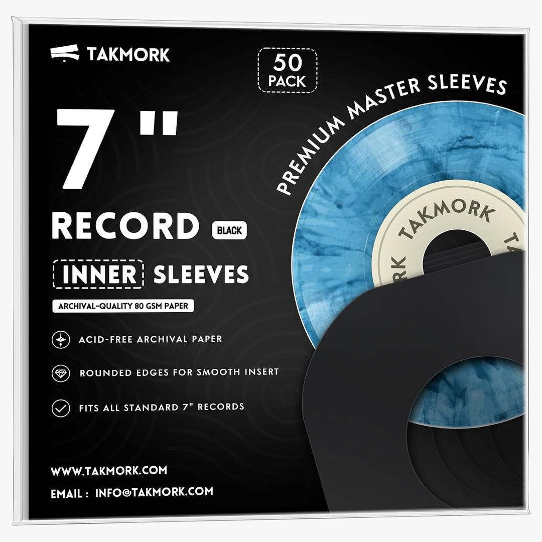 TAKMORK 7-Inch Vinyl Record Inner Paper Sleeves for 45 RPM Singles - Premium 80gsm Paper Replacement Protective Inserts with Rounded Corners & Center Hole, Black, 50pcs