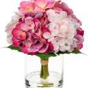 Hollyone Real Touch Pink Hydrangea Artificial Flowers in Vase Latex Small Faux Hydrangea Flowers Arrangements Hydrangeas Fake Flower with Glass Vase with Faux Water for Table Centerpiece Home Decor