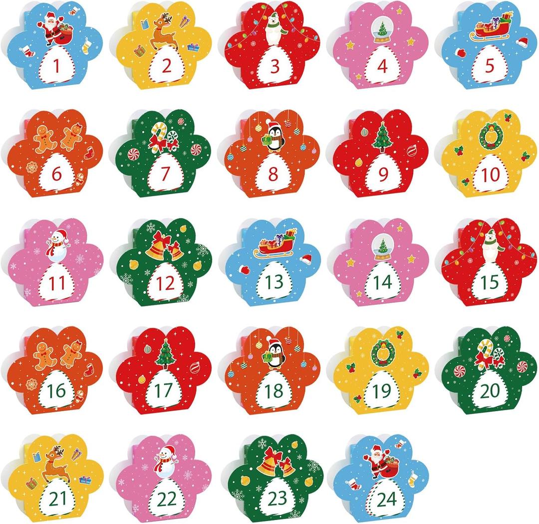24 Pcs DIY Christmas Advent Calendar Boxes, 24 Days Advent Countdown Gift Boxes, 3D Dog Paw Christmas Cardboard Number Boxes for Kids Family Xmas Winter Holiday Decoration Supplies