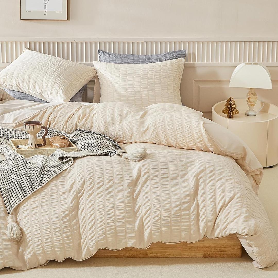 WARMDERN Duvet Cover Set Queen Size, 3pcs Washed Microfiber Beige Bedding Set, Soft Breathable Striped Textured Seersucker Duvet Cover with Zipper Closure & Corner Ties(Beige, Queen)