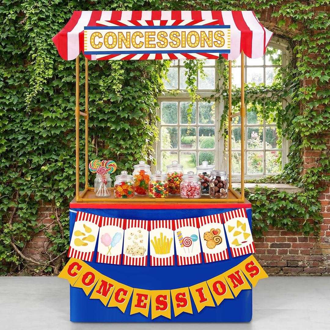 Tioncy 6 Pcs Concessions Stand Kits Hut Decor (Without Table) Include Shelf Banner Roof Pennant Table Skirt for Photo Props Outdoor Themed Party Decor (Desk Is Not Included)