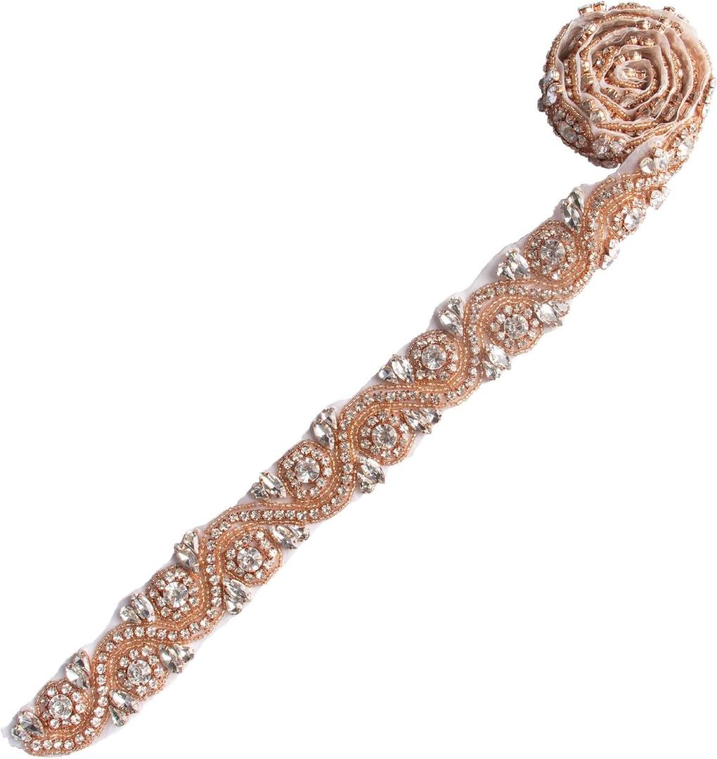 ShiDianYi Rose Gold Wedding Belt Crystal Beaded Applique Wedding Sash Rhinestone Belt for Dresses Bridal Decoration