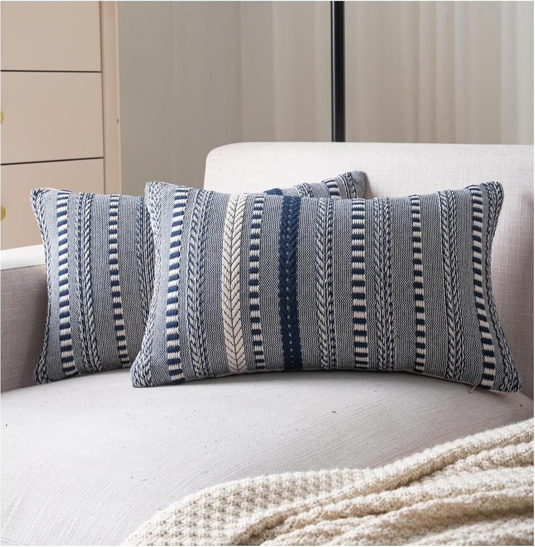 Boho Throw Pillow Covers 12x20 Inch Set of 2, Farmhouse Decorative Couch Pillow Cases, Navy Blue Accent Pillows of Bed, Sofa Bedroom Living Room Home Decor Cushion Cover