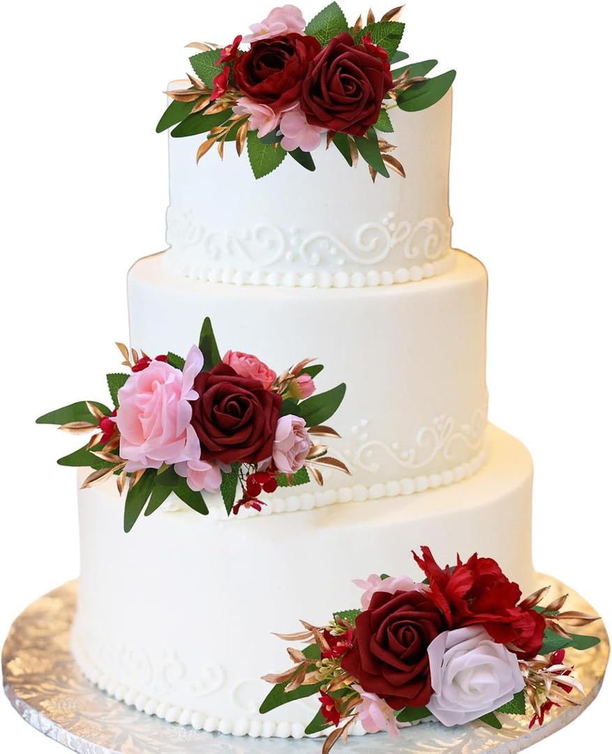 CherishedMoments 3Pcs Burgundy Red Wedding Cake Topper Set, Artificial Flowers Decor for Wedding Ceremony, Anniversary & More