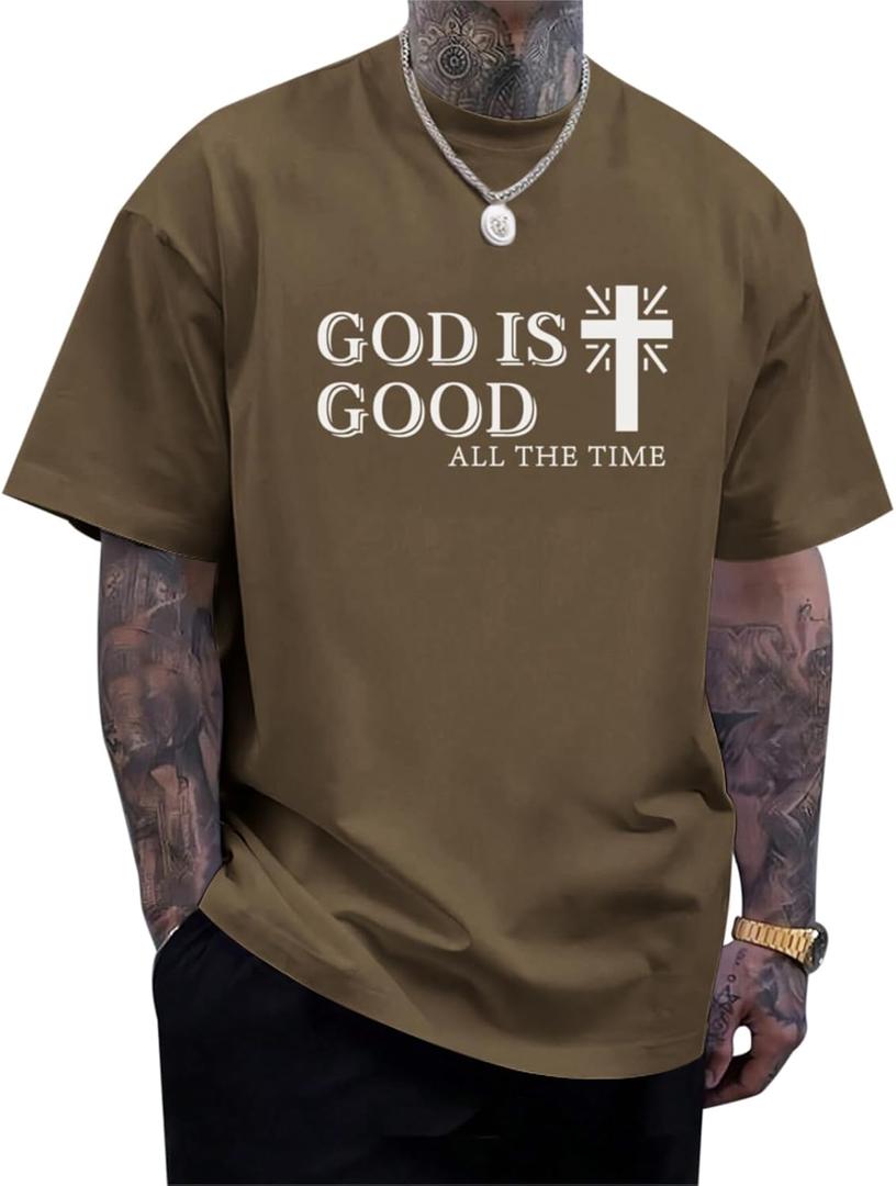 God is Good Shirt Christian Jesus Cross T Shirts for Men Religious Faith Inspirational Vintage Oversized Graphic Tees (Large, Brown)