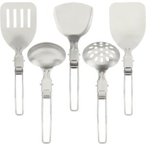 Camping Kitchen Utensil Set, 5Pcs Portable Foldable Stainless Steel Outdoor Cooking Utensil, Practical Folding Soup Ladles Strainer Spatula Kitchen Gear for Outdoor Camping (Silver)