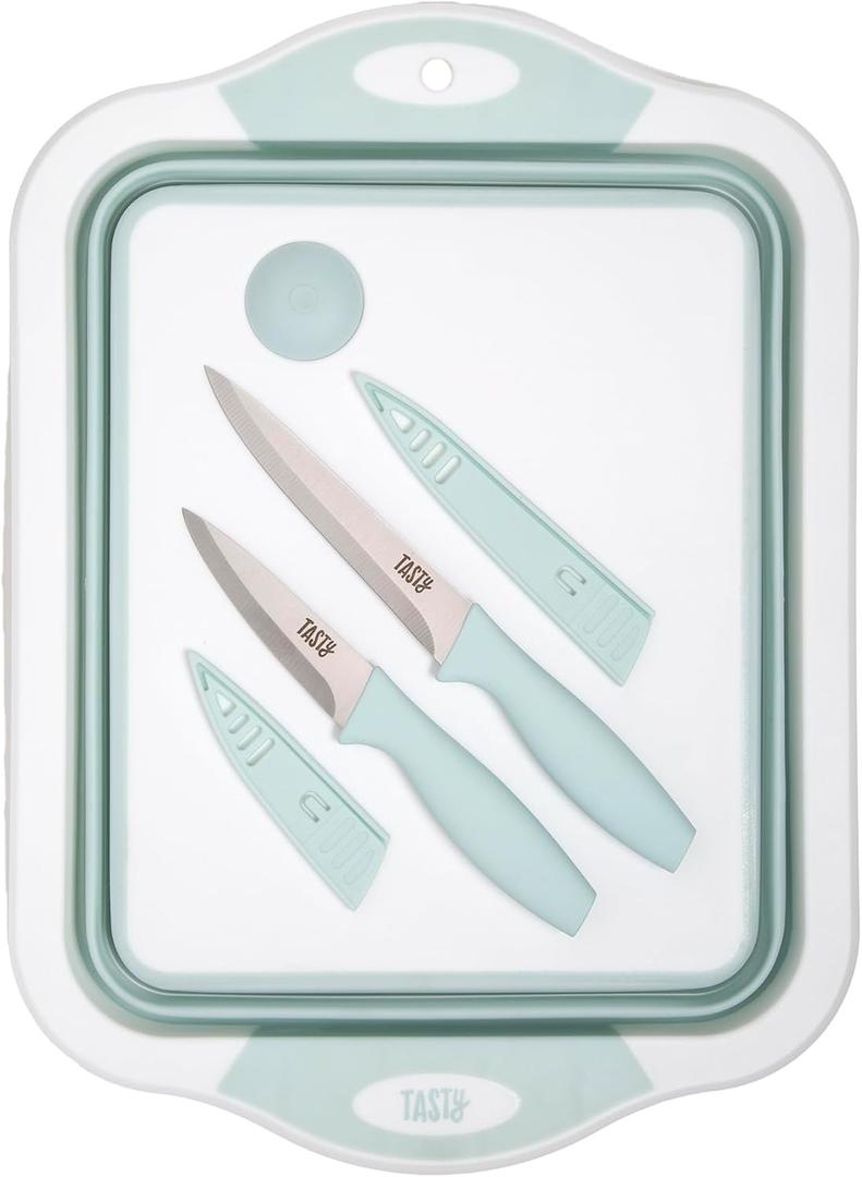 Tasty Multifunctional Cutlery Set, Includes Cutting Board with Built-In 7.5-Quart Collapsible Tub, Utility and Paring Knives, Space Saving Design, 3-Piece Set, Dishwasher Safe