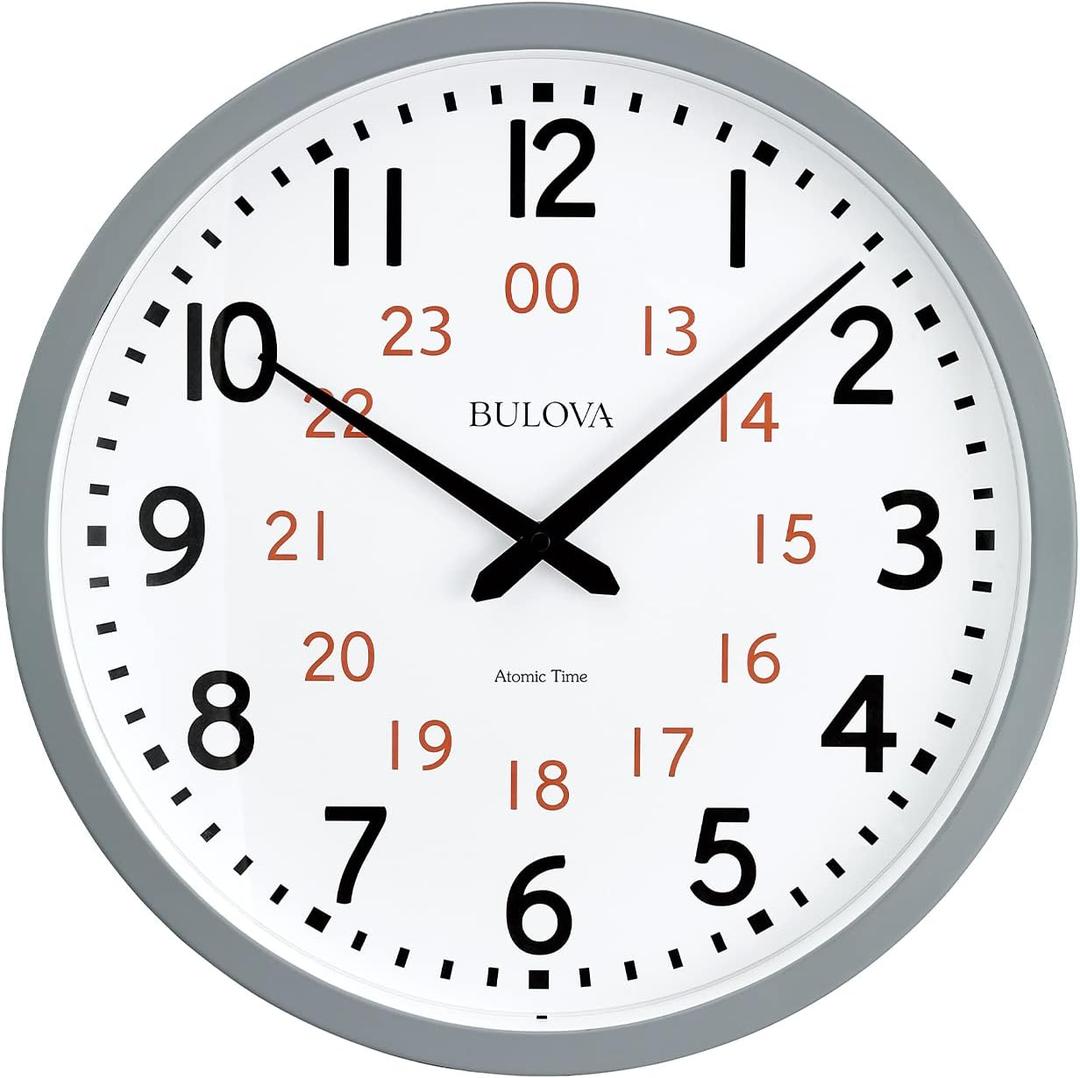 Bulova Atomic Analog Wall Clock Model C5003 Atomic Time 1, Sets Automatically, Quartz Battery Gray