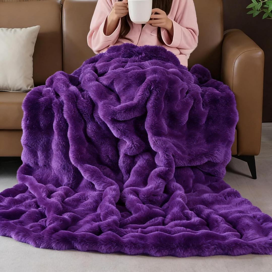 Purple Faux Fur Throw Blanket for Couch, Double-Sided Bubble Textured Plush Blanket with Soft Flannel Back, Decorative Throw for Sofa or Bed, Machine Washable, 60x80 Inches, 860 GSM