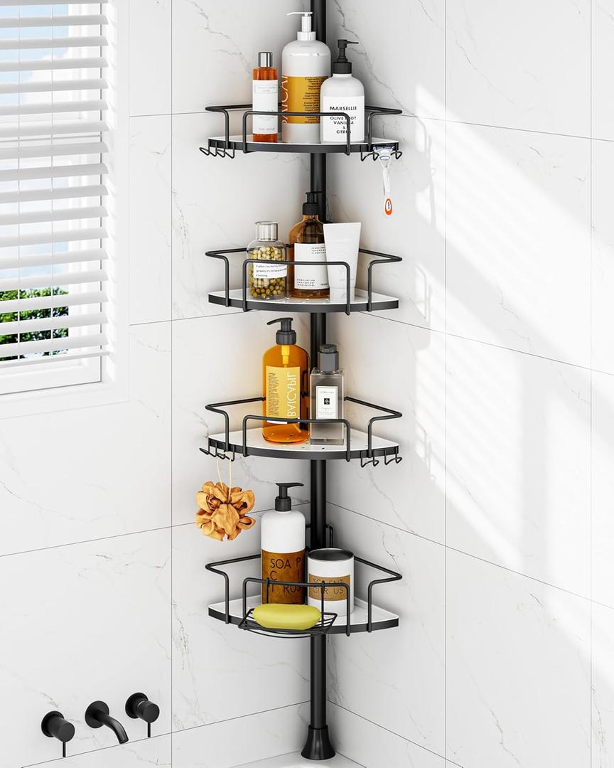 ALLZONE Corner Shower Caddy Tension Pole, 4 Hang-On Basket with Mixed-Height Shelves for Various Bottle Sizes, Extra Hooks & Soap Holder, Rustproof Stainless Steel, Fits 34116 Inch, Black/White