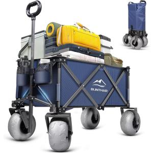 Beach Wagon, Heavy Duty Collapsible Folding Wagon with All-Terrain 9" Pneumatic Tires & Drink Holders, Utility Grocery Wagon for Garden Sports Camping Outdoor Activities (Navy Blue)