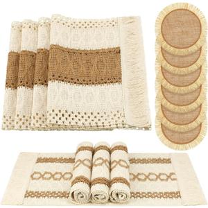 Xuhal 13 Pcs Boho Placemats and Table Runner Set Farmhouse Round/Rectangular Woven Placemats Cotton Macrame Table Runner 11.8 x 78.7 Inch Rustic Decor for Dining Kitchen Spring Tea Party