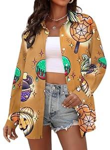 Halloween Shirt Women Pumpkin Graphic Tshirt Long Sleeve Button Down Blouse, S