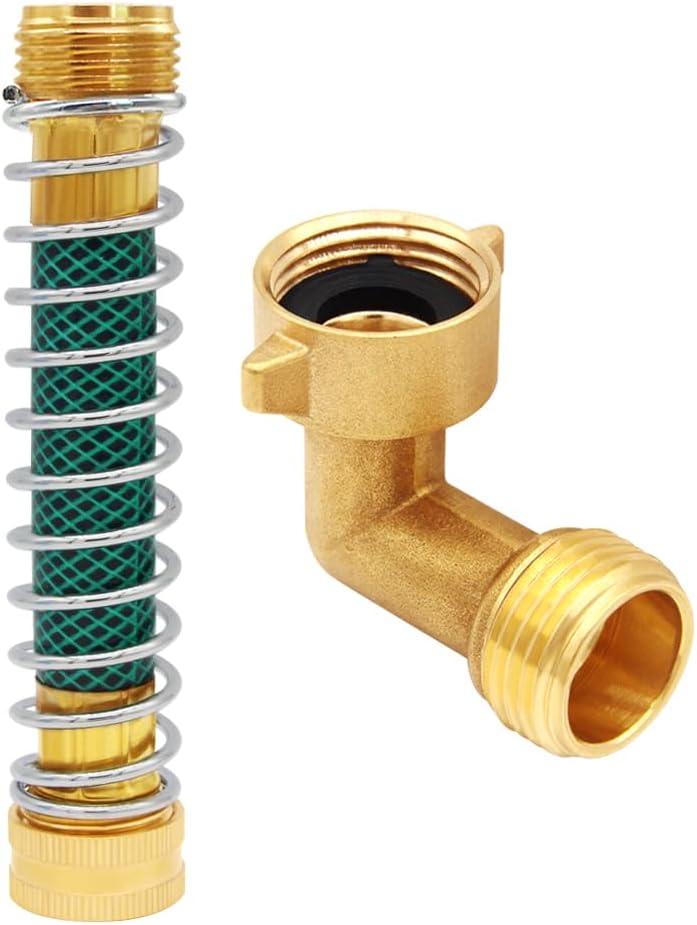 Uenede Brass 3/4" GHT Thread 5.5 Inches Length Garden Hose Extension Protector and 90° Elbow Swivel Garden Hose Connector Adapter Kit