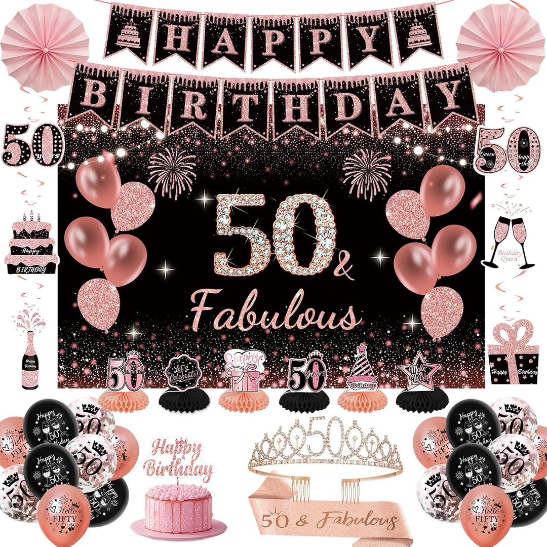 2 x 50th Birthday Decorations for Women - Rose Gold 37Pcs All-in-One Party Kit with Banner, Backdrop, Tiara, Sash, Cake Topper, Latex Balloons, Hanging Swirls, Centerpieces