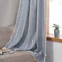 RoomTalks Boho Curtains for Bedroom Living Room 63 Inch Length Light Blue Country Farmhouse Cottage Window Curtain Panels Embroidery Striped Bohemian Tassel Draperies (63L x 52W, Blue)