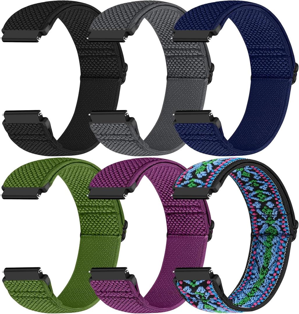 Runostrich Quick Release Nylon Watch Band - Choice of Width - 18mm, 19mm, 20mm, 22mm, 24mm Elastic Watch Straps Adjustable Stretchy Solo Loop Sport Nylon Replacement Wristband for Women Men (Black+Grey+Indigo+Olive Green+Purple+Boho Blue)