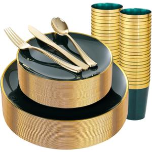 LIYH 180 Pcs Green and Gold Plastic Plates - Green Plastic Dinnerware sets,Disposable Dinner Dessert Plates, Gold Plastic Silverware Cups for Holiday, Party