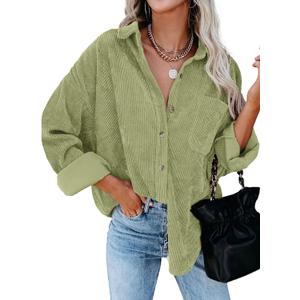 Dokotoo Womens Corduroy Button Down Shirts Boyfriend Long Sleeve Oversized Blouses Tops (Green, S)