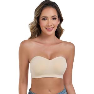 ANGOOL Strapless Bras for Women Wirefree Non-Slip Tube Top Invisible Bralette Seamless Padded Bandeau Bra, Beige, L