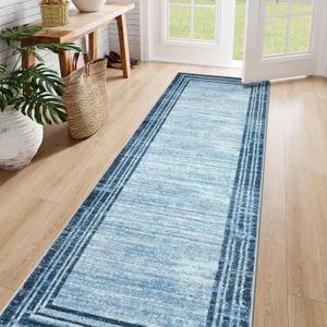 Lahome Abstract Runner Rug,2.5x8 Hallway Runner Rug Non-Slip Washable Blue Kitchen Runner Rugs,Low-Pile Soft Bedroom Runner Minimalist Solid Indoor Carpet Runners for Entryway Bathroom Laundry Room (Dark Blue Border/White)