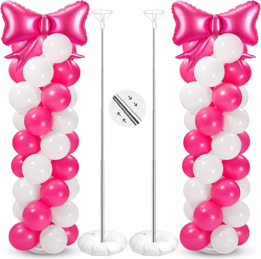 2 Sets Hot Pink White Bow Balloon Column Stand Kit Includes 2 Bows & 100 Latex Balloons Adjustable Stands for Princess Birthday Wedding Coquette Baby Shower Party Decoration,Hot Pink,white