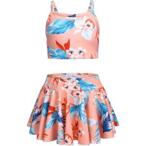 Arshiner Girls 3 Piece Swimsuit for Teen Girl Tankini Swimsuits Bathing Suit Beach Floral Bikini Swimwear with Skirt (9-10 Years, Orange)
