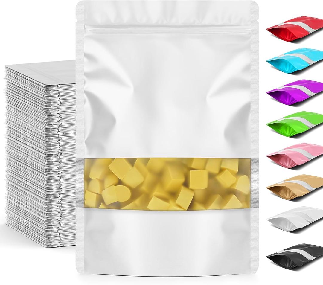 Funfery 100 Pcs Smell Proof Packaging Bags,Mylar Clear Bags for Food Storage,Sealable Bag for Packaging,Stand Up Pouches with Window,ReSealable Bag for Small Business,Cookies,Candy(White,4.7x7.9in)