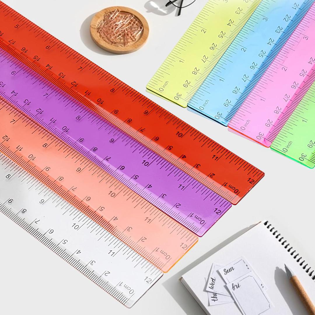 12 inch Color Transparent Ruler, 8 Color Plastic Rulers, Ruler with Centimeters, Millimeter and Inches, 8 Pcs