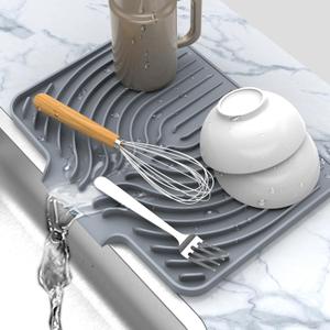 Dish Drying Matt for Kitchen Counter,14.6"11"Silicone Dry Rack Mat with Built in Drain, Kitchen Dry Mats for Dishes Drying Pad for Counter(gray)