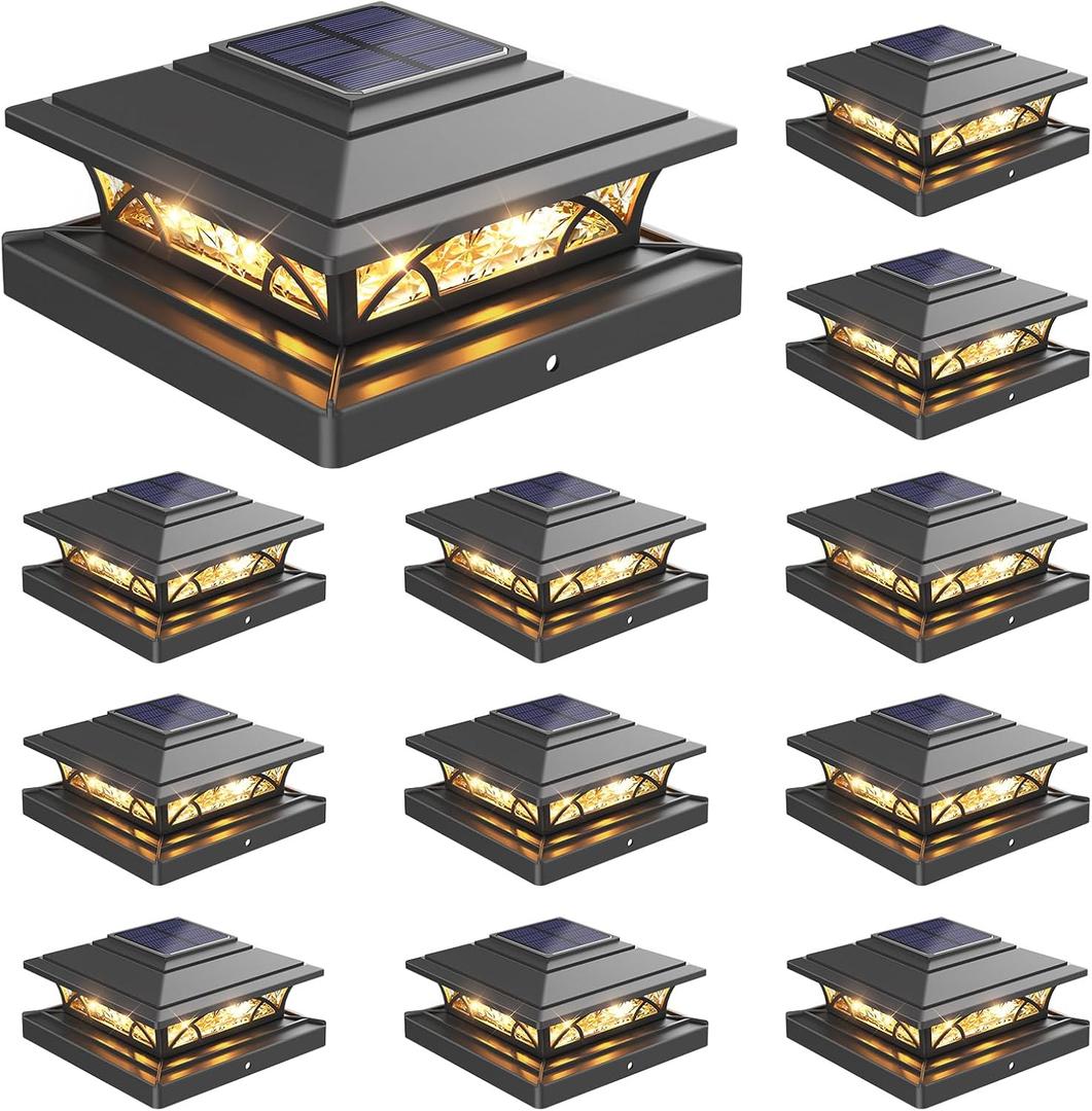 JOFIOS Post Cap Lights Outdoor 12pack, Black Deck Fence Post Lights Solar Powered with 16LEDS 2 Lighting Modes, 4x4/5x5/6x6 Waterproof Fence Post Solar Lights for Garden Patio Porch Backyard